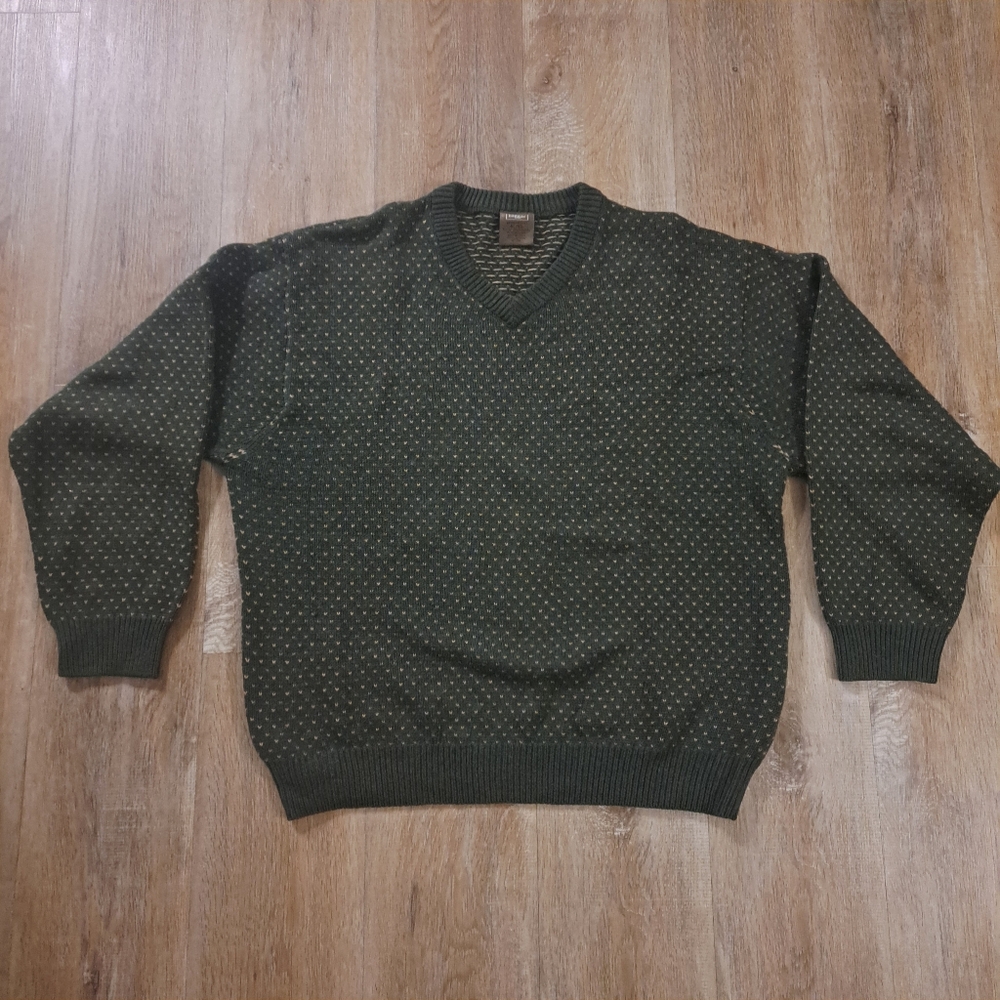 Haggar Cotton Wool Blend Green Tan Men's V-Neck Sweater Size XL